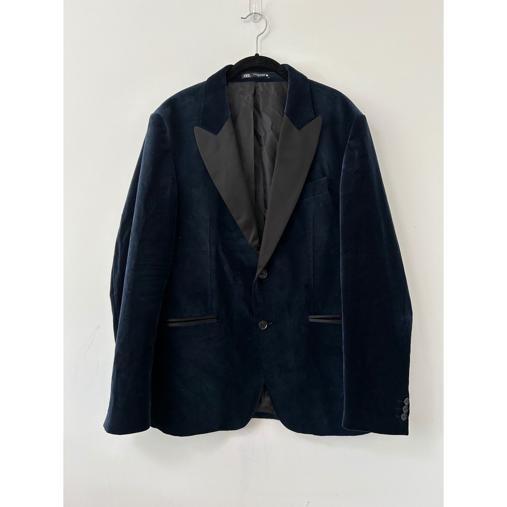 Zara Velvet Tuxedo Blazer Men 42 Navy Blue Contrast Peak Lapel Formal Dapper